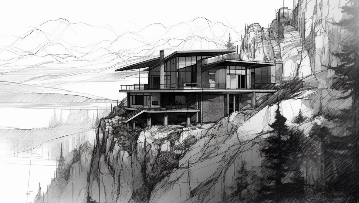 Andrew's Midjourney created image of a mountain residence ink illustration