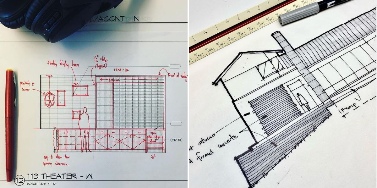 architectural sketch Bob Borson arrow and tick marks