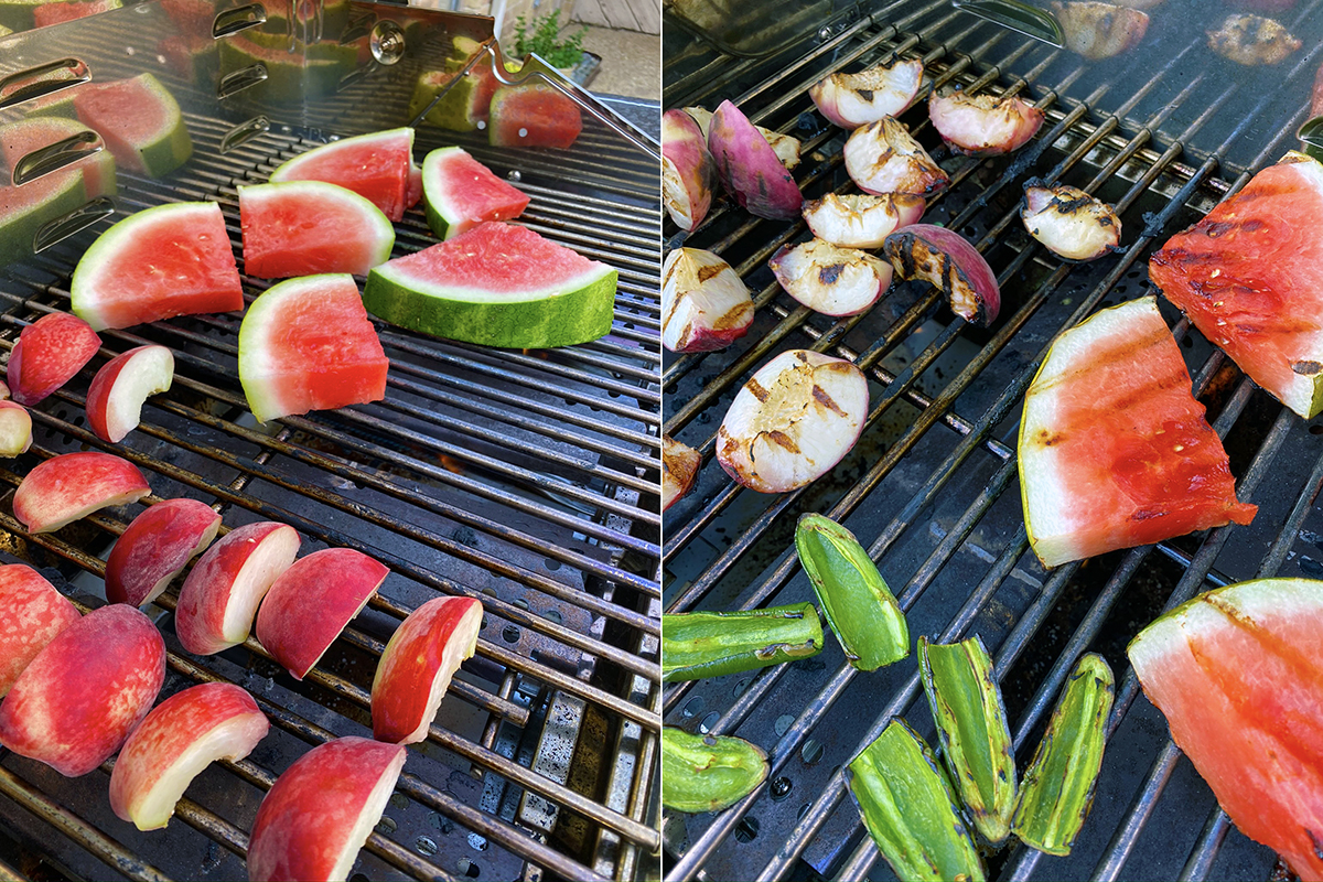 Grilling the watermelon and peaches for margaritas - Happy Hour at the Borson House