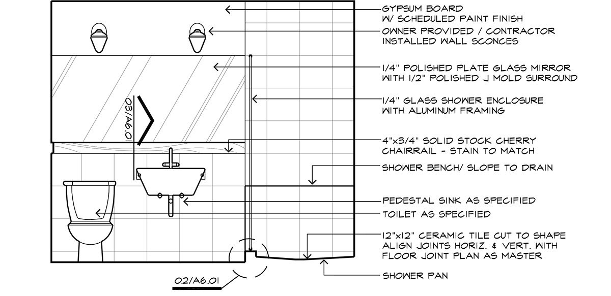 Interior Bathroom elevation - Architectural Graphics: Arrows or Ticks?