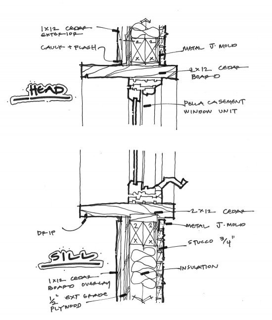 Site built window with Pella Casement window infill sketch by Dallas Architect Bob Borson