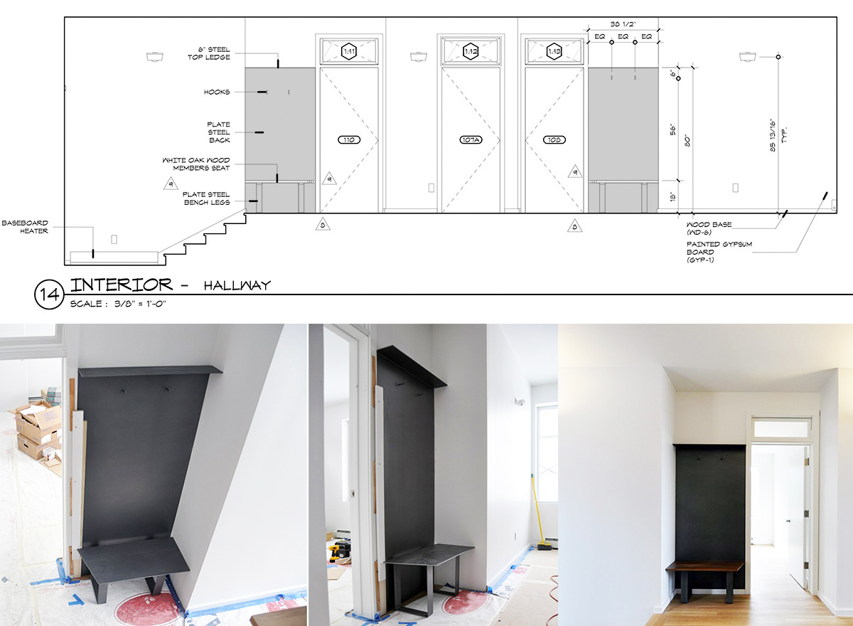 Steel and Walnut guest benches including construction drawing