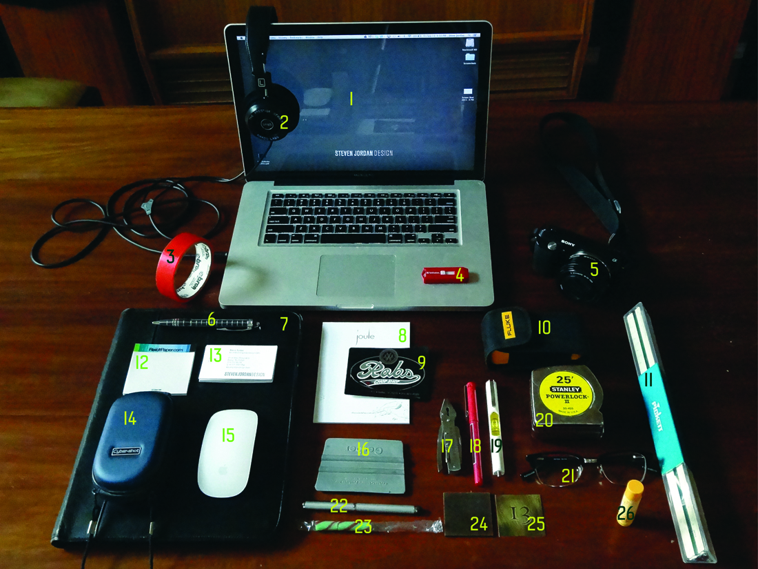 the contents of Graphic Designer Steve Jordan's Bag